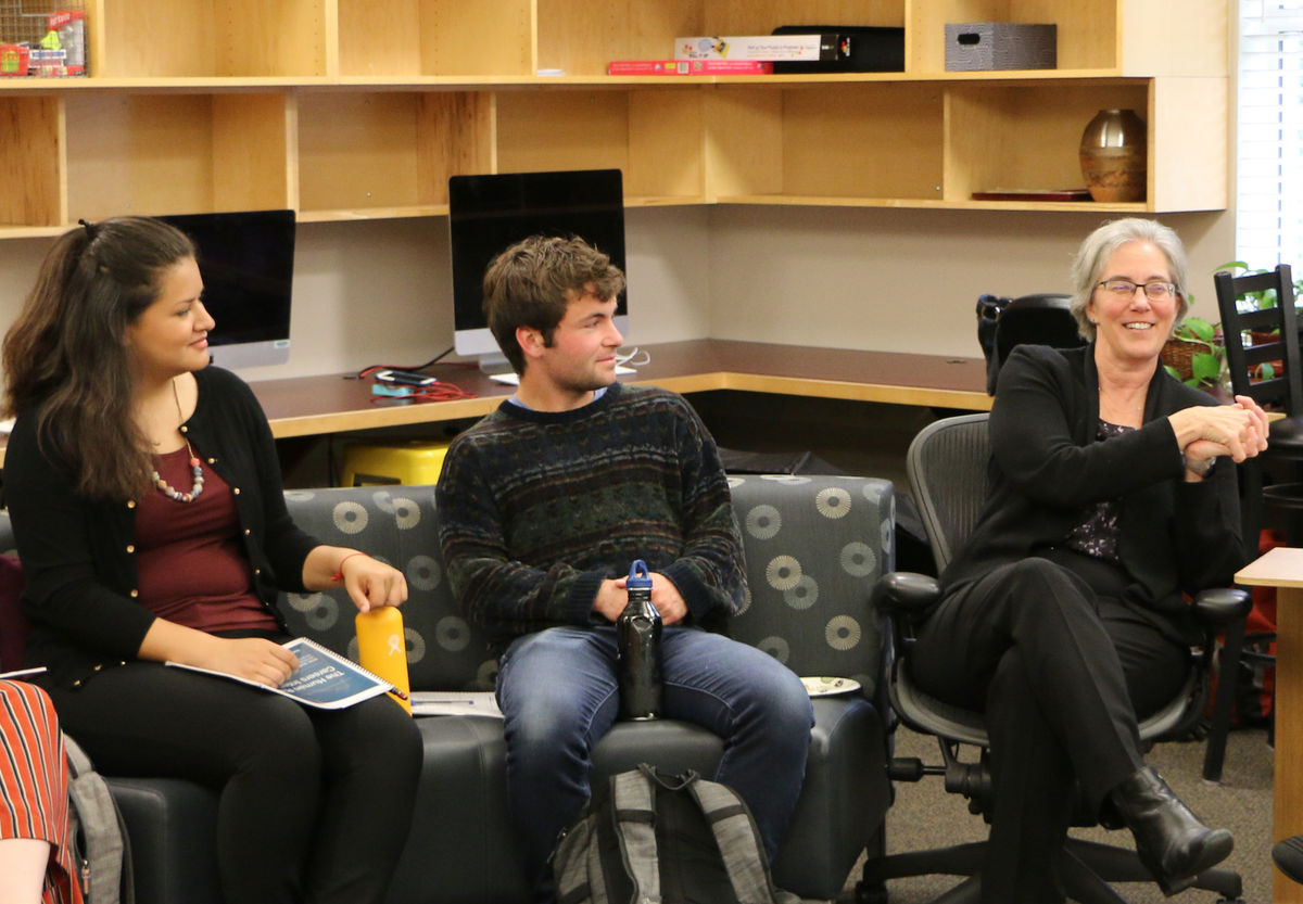 Betsy Andersen speaking with students