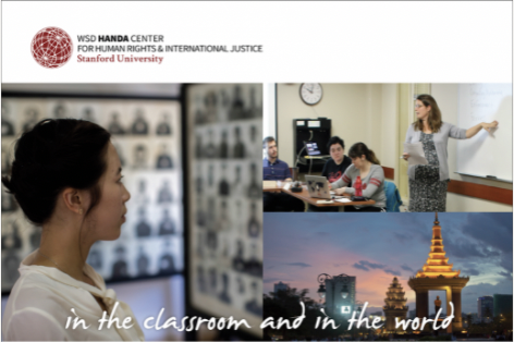 Screenshot of Handa Center annual report graphic. Left image, Quito Tsui looks at museum exhibit. Top right, Penelope Tuyl lectures to class. Bottom right, lit-up building at sunset.